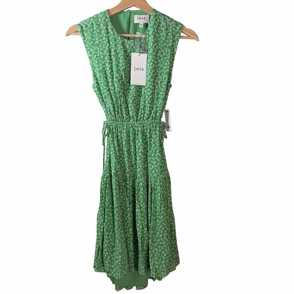 New Joie Green Floral Sleeveless Drawstring Waist Tiered Mini Dress Size XXS